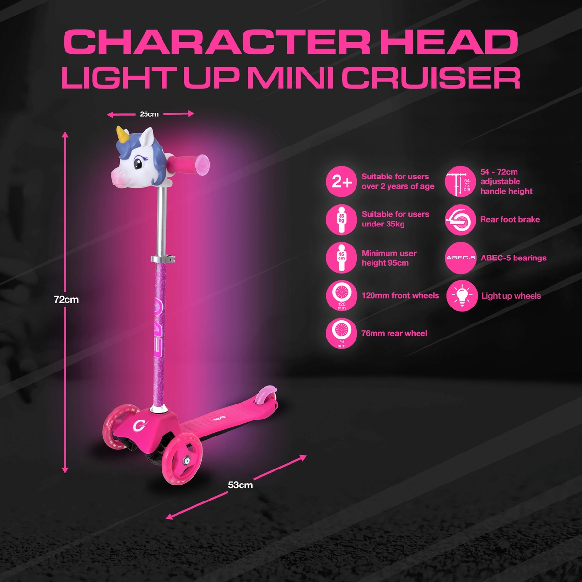 EVO Unicorn Mini Cruiser 3 Wheel Scooter - Pink