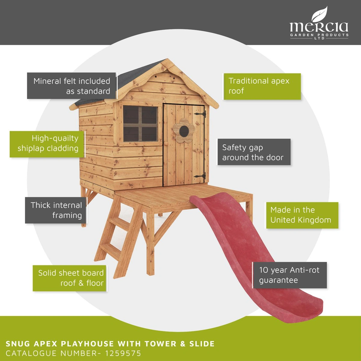 Mercia Snug Wooden Playhouse with Tower and Slide