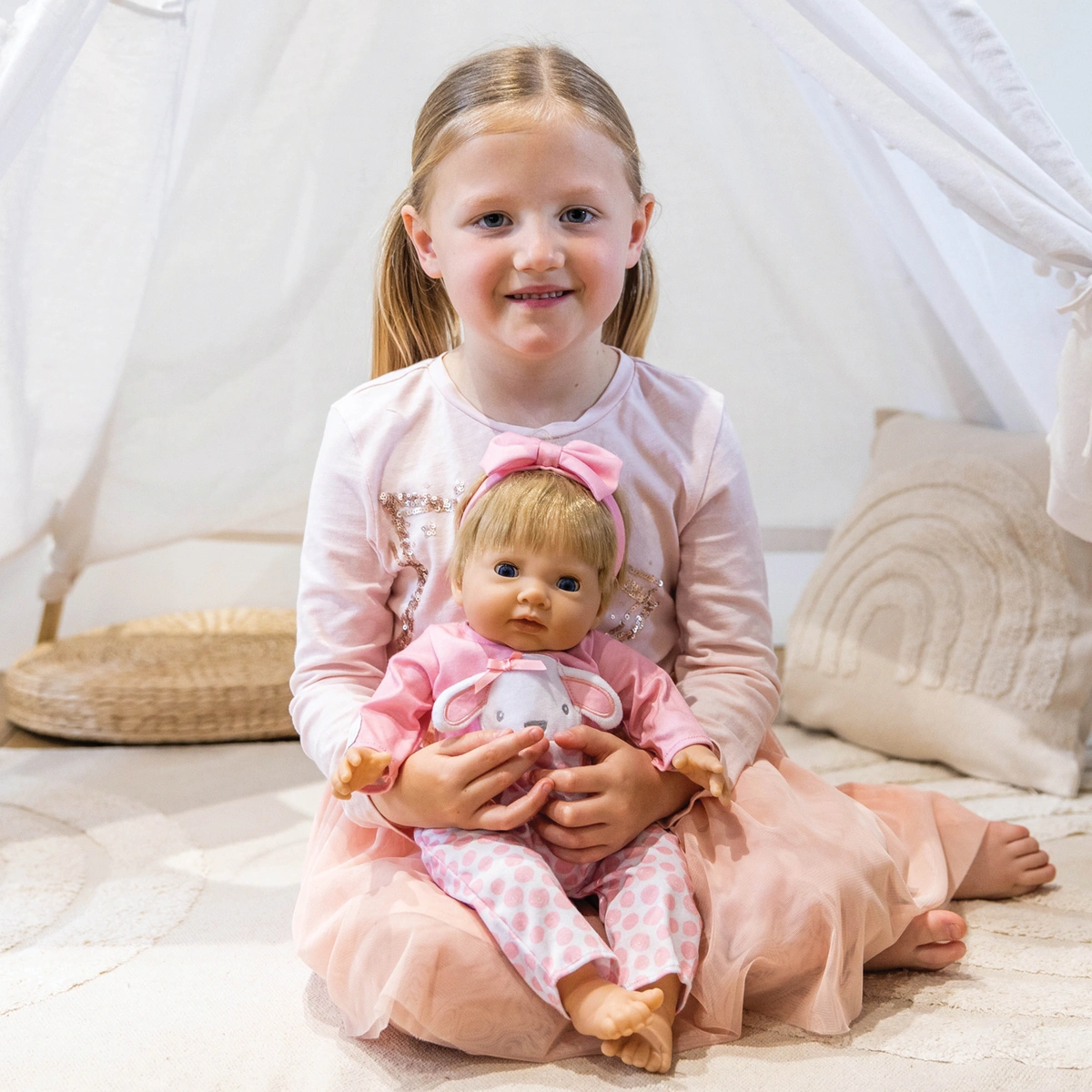 Tiny Treasures Baby Doll in Pink Bunny Outfit