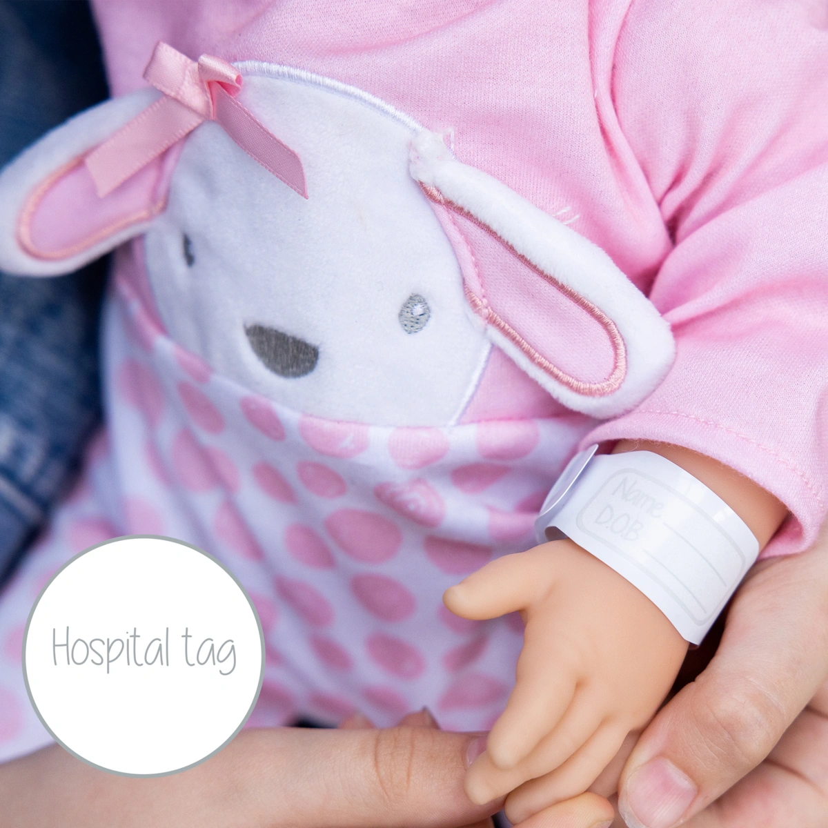 Tiny Treasures Baby Doll in Pink Bunny Outfit
