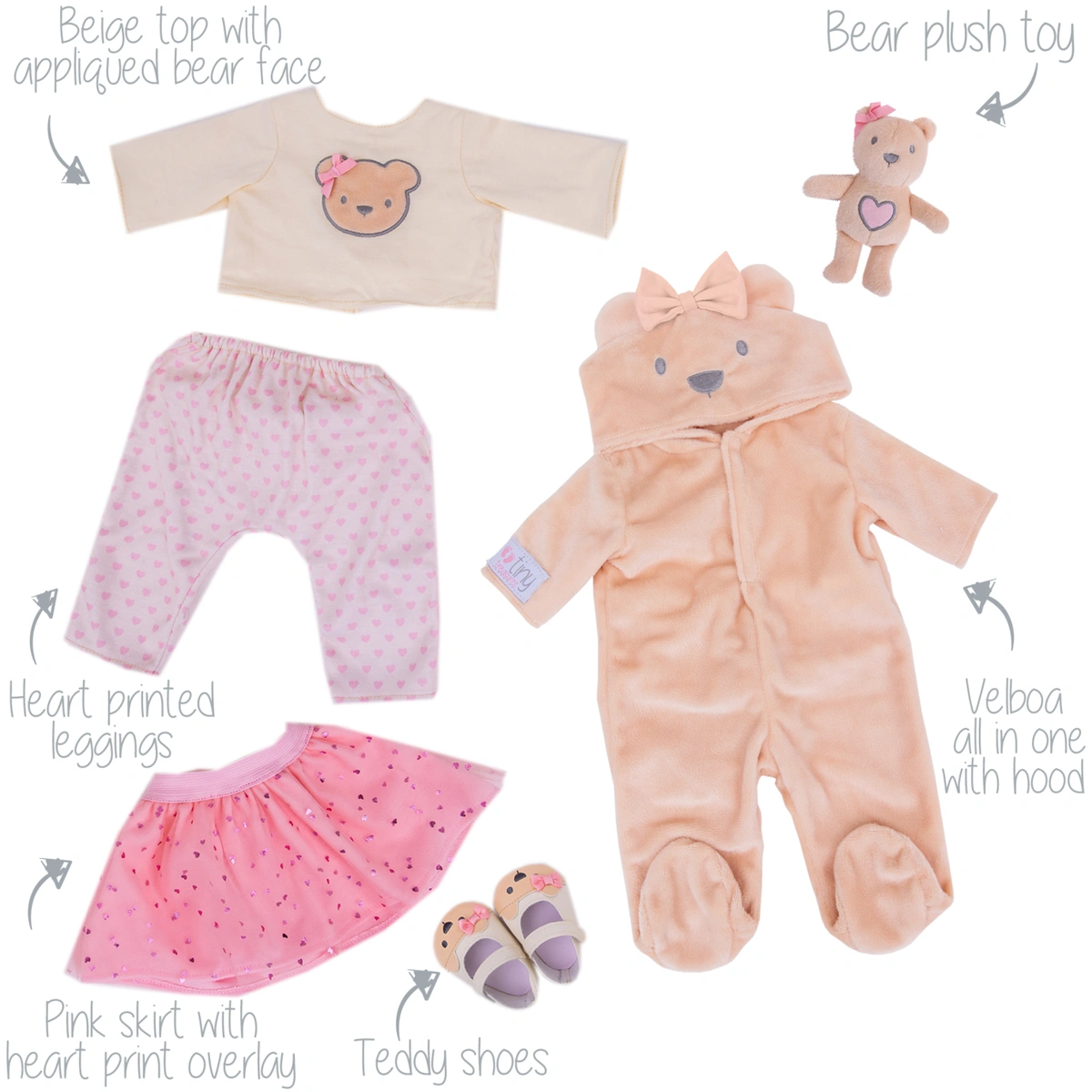 Tiny Treasures Baby Doll Teddy Bumper Outfit Set