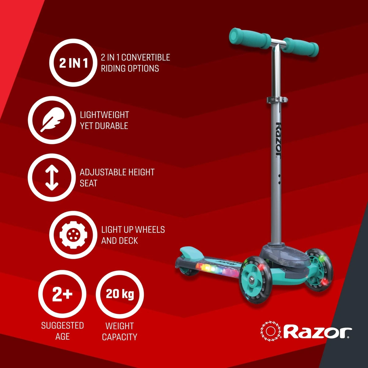 Razor Rollie DLX 3 Wheel Kids Scooter With Seat - Teal