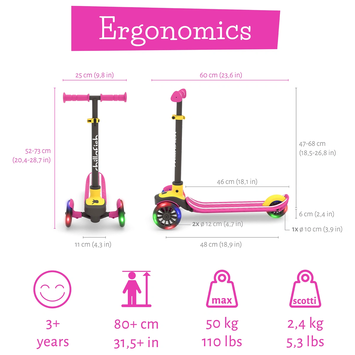 Chillafish Scotti Glow Foldable 3 Wheel Scooter -Pink