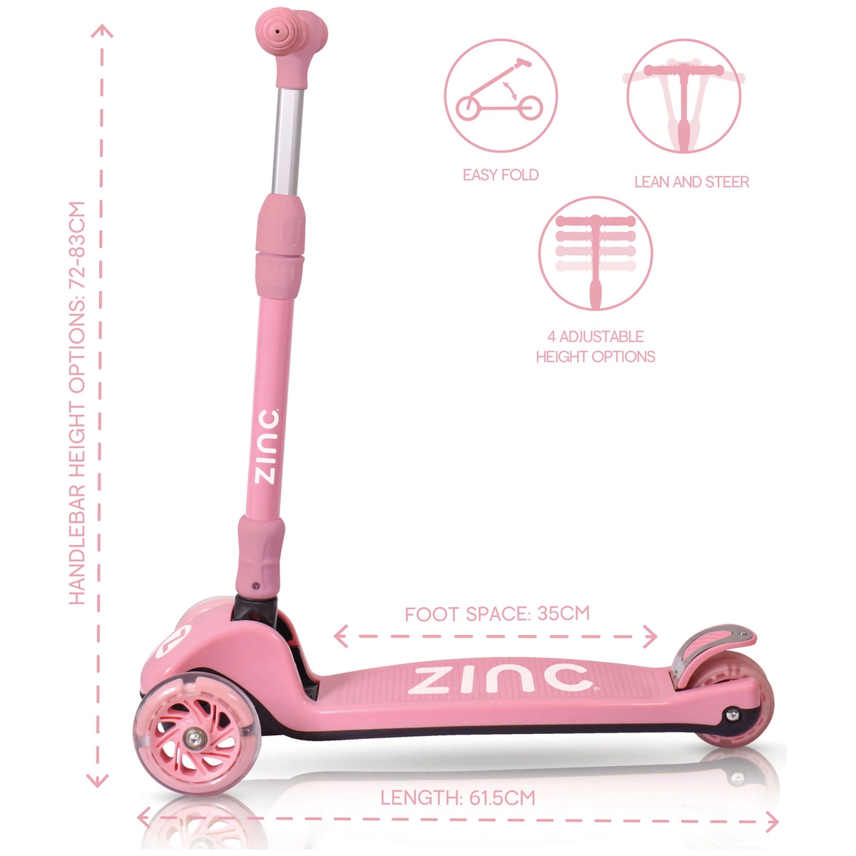 Zinc T-Motion Foldable Light Up 3 Wheel Scooter - Pink