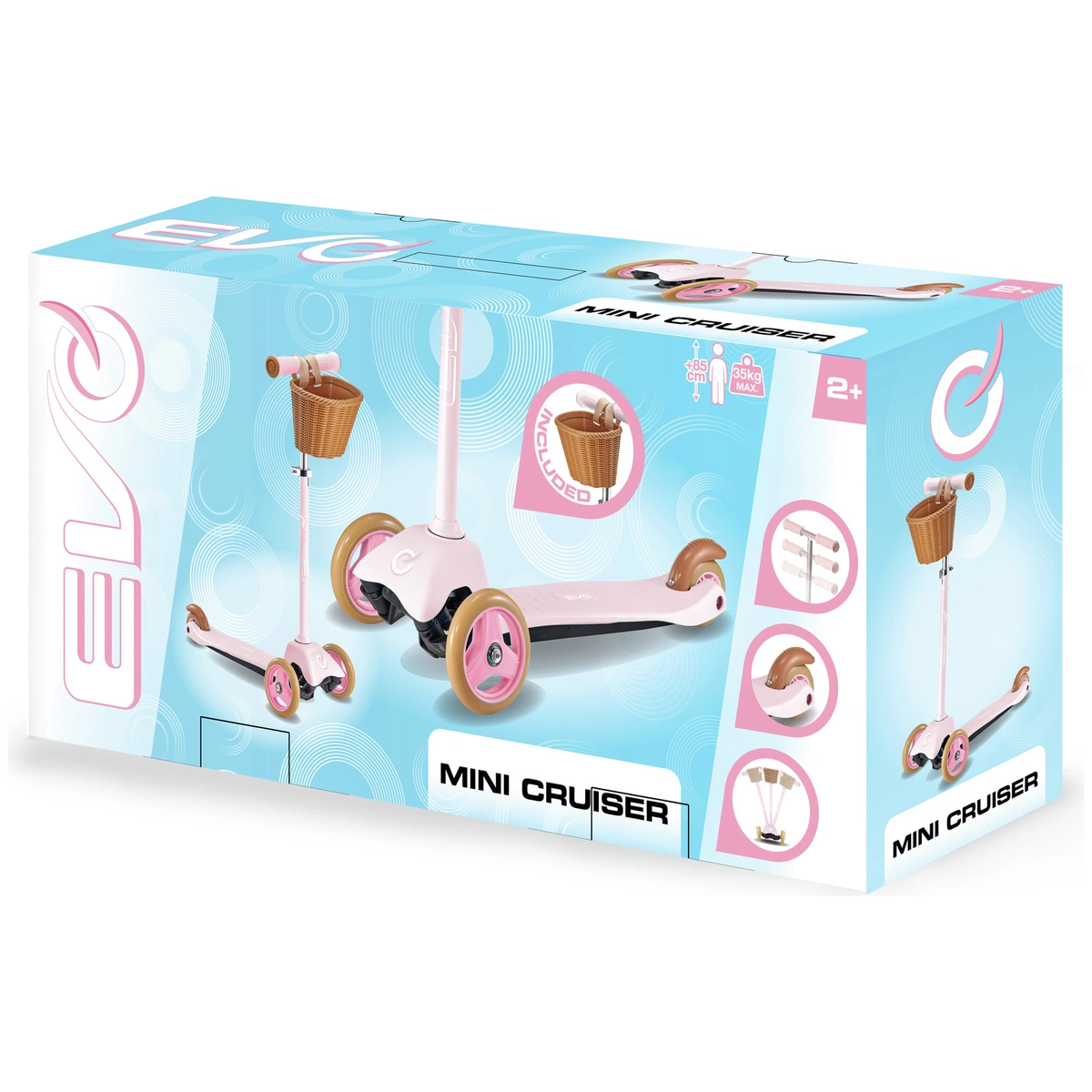 EVO Mini Cruiser 3 Wheel Scooter with Basket - Pink Pastel