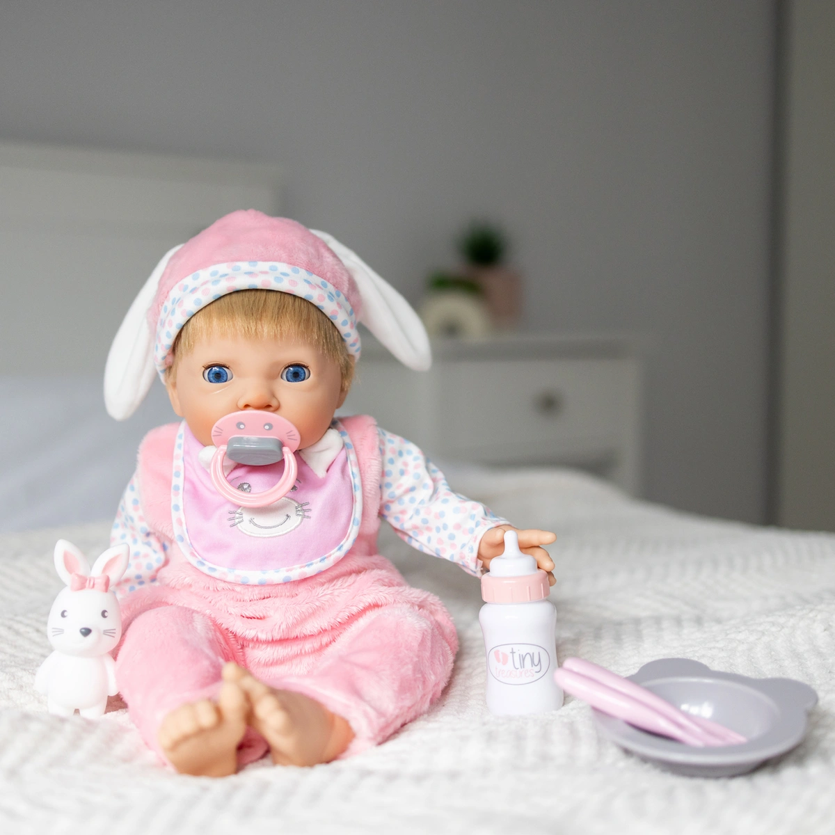 Tiny Treasures Feed & Play Bunny Baby Doll Set - 44cm