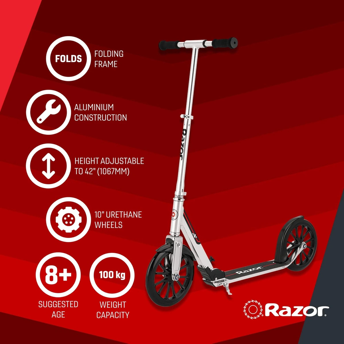 Razor A6 Foldable 2 Wheel Scooter for Kids & Adults - Silver