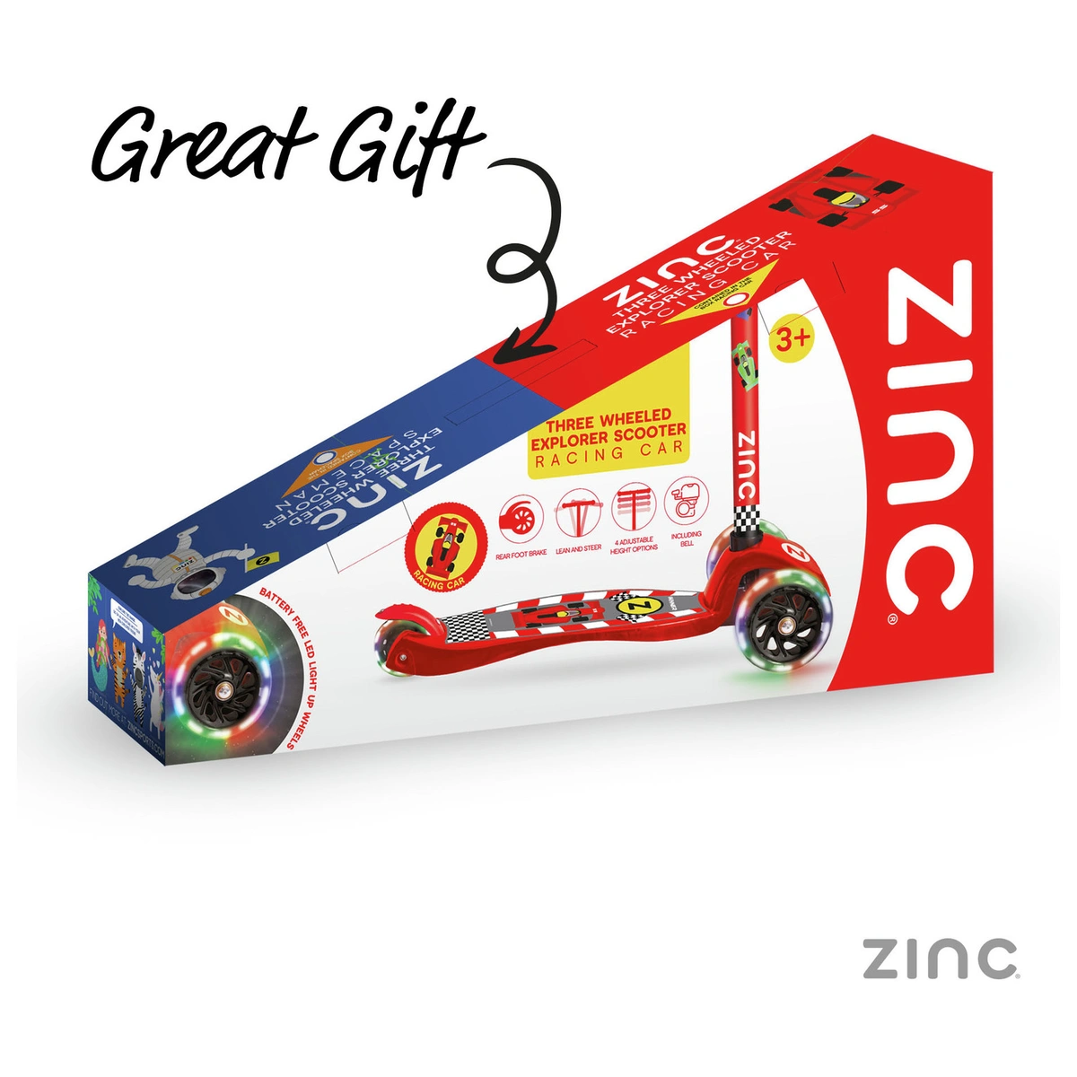 Zinc Light Up Racecar 3 Wheel Scooter - Red
