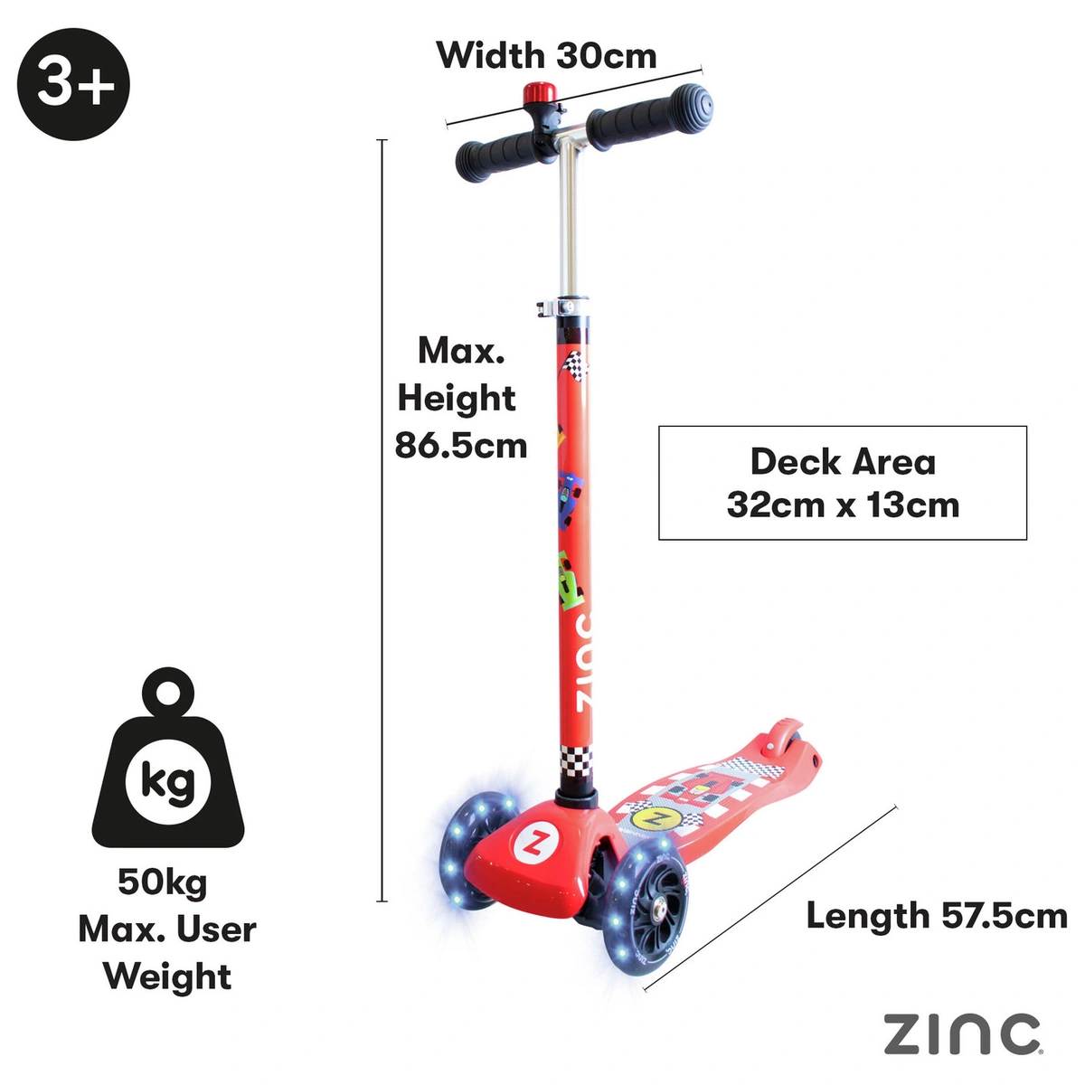 Zinc Light Up Racecar 3 Wheel Scooter - Red
