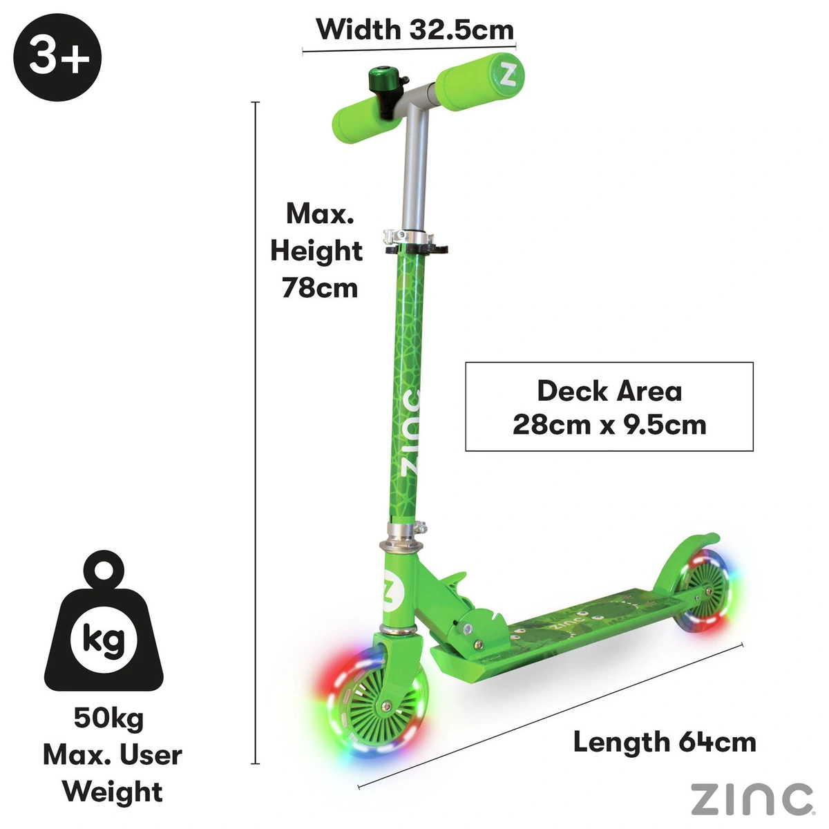 Zinc Dino Foldable Light Up 2 Wheel Scooter