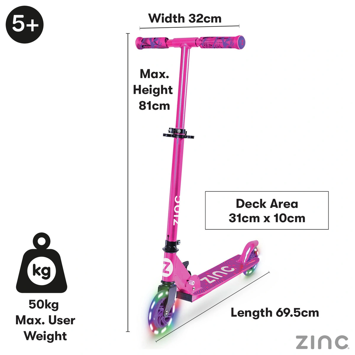 Zinc Identity Light Up Foldable 2 Wheel Scooter - Pink
