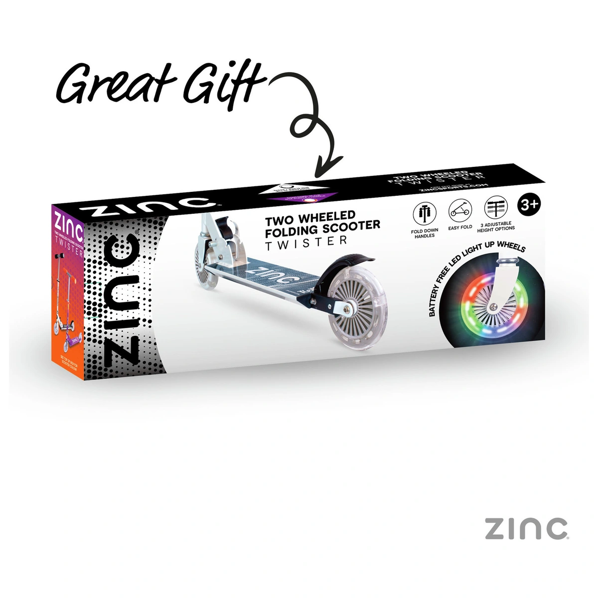Zinc Twister Light Up Foldable 2 Wheel Scooter - White