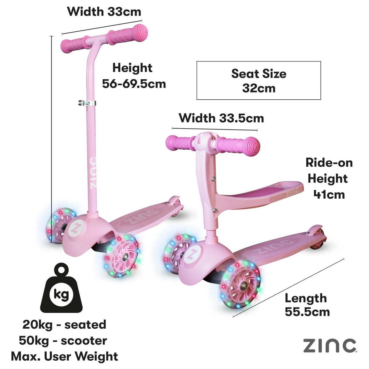 Zinc My First 3-in-1 Kids Light Up 3 Wheel Scooter - Pink