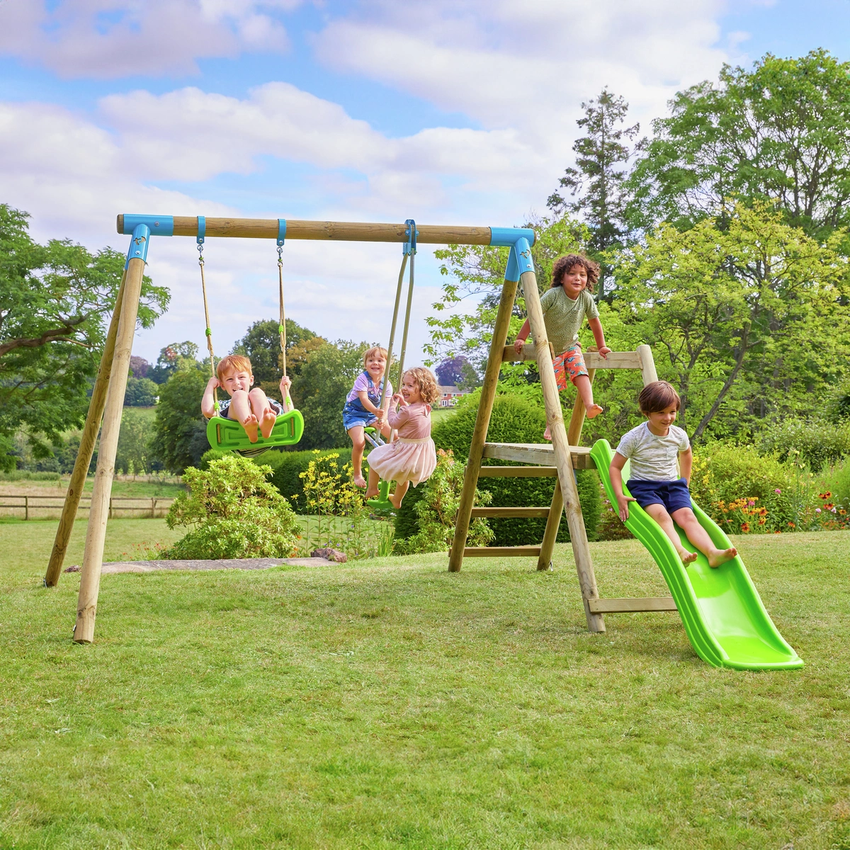 TP Wooden Double Swing Set, Glider, and Slide