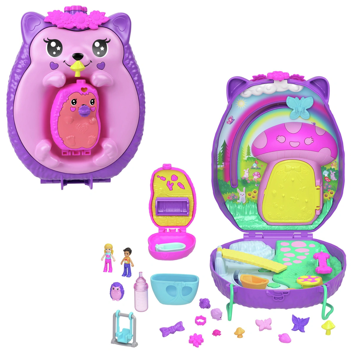 Polly Pocket Hedgehog Mom & Baby Purse Playset with 2 Dolls