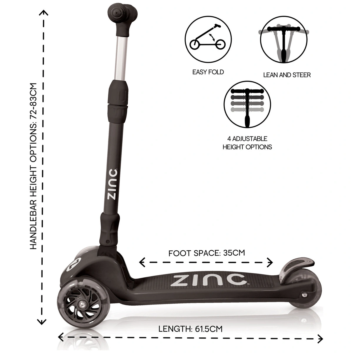 Zinc T-Motion Foldable Light Up 3 Wheel Scooter - Black