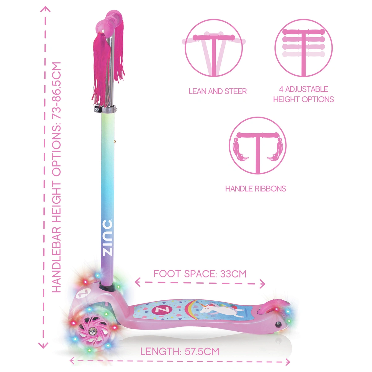 Zinc Safari Unicorn Light Up 3 Wheel Scooter